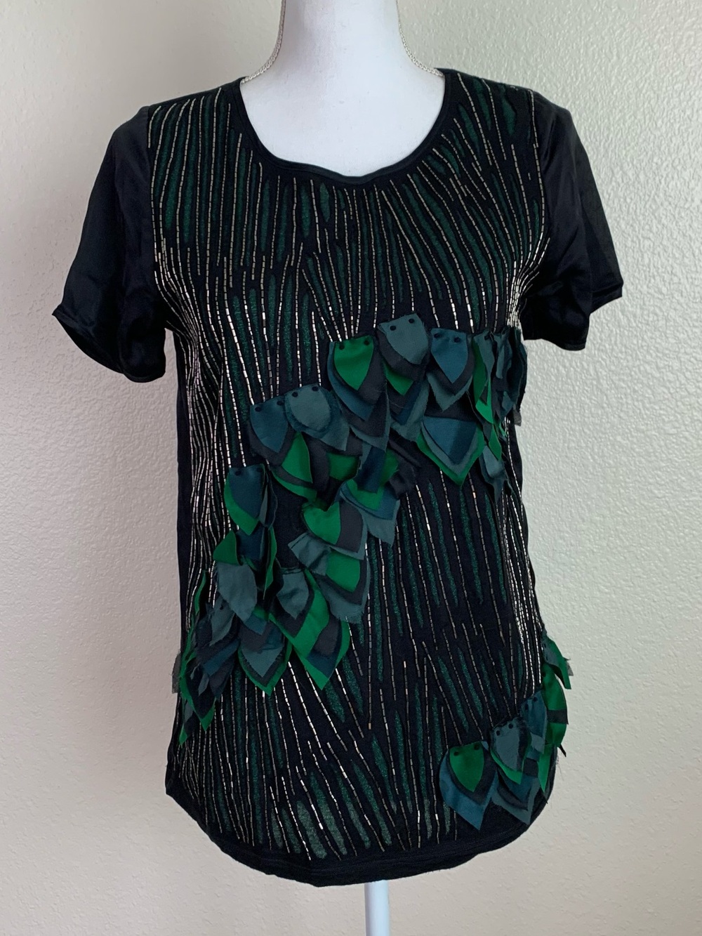 Missoni Top Beaded Sequins Silk Feathers Chevron Vintage 1990s Blouse Made Italy